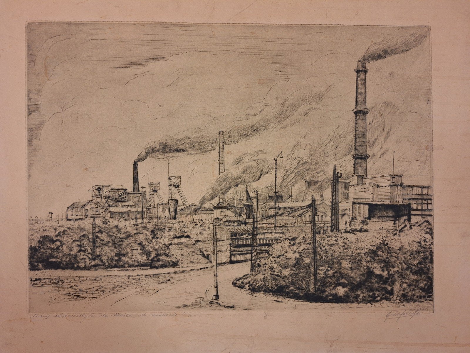 Ets Fabrieken Heerlen - Johan Scherft, Ets, Stadsgezicht, Ophalen of Verzenden, Gesigneerd