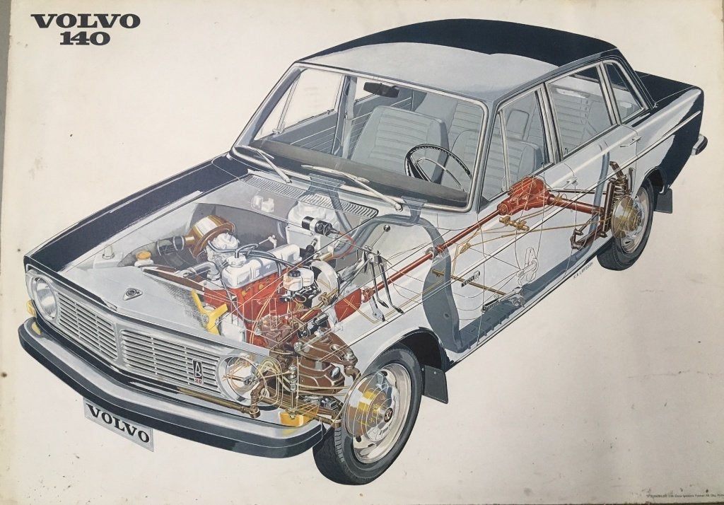 Poster. Volvo 144 oud model exploded view / dik karton uitv., Ophalen, Gebruikt, Auto's