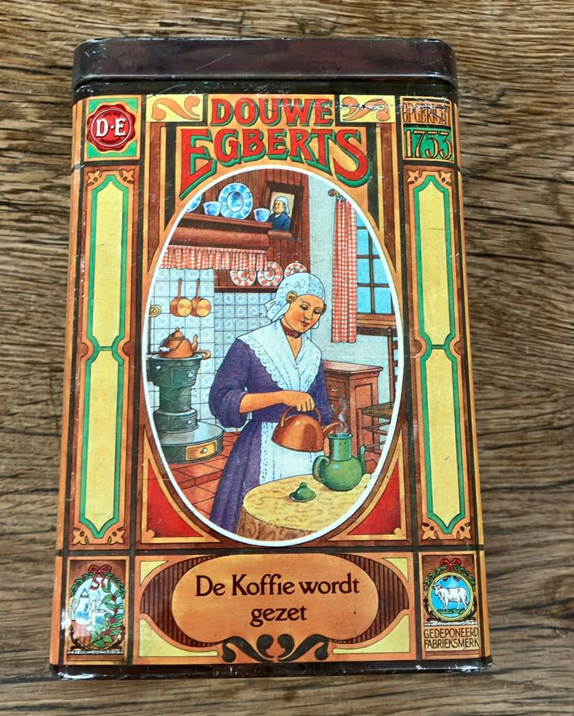Vintage Douwe Egberts koffieblik met afbeeldingen, Ophalen of Verzenden, Gebruikt, Verpakking
