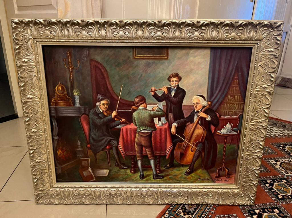Prachtige groot olieverf schilderij de music les, Ophalen of Verzenden