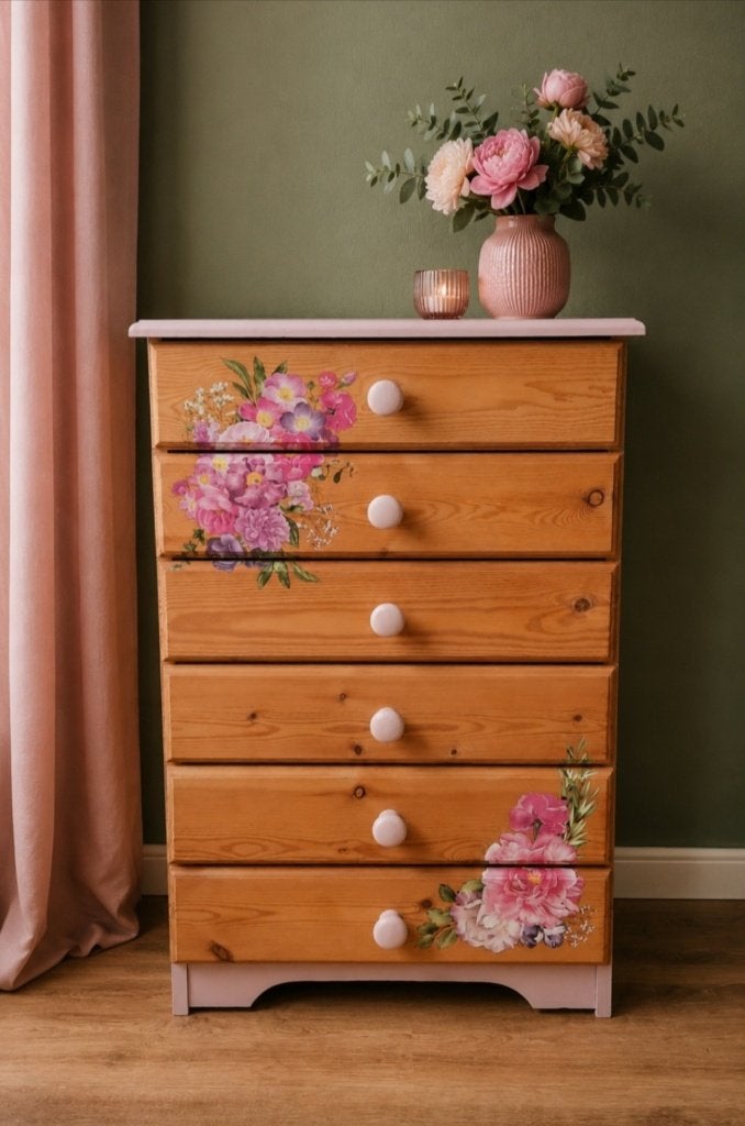 Geupcyclede ladenkast met transfer met bloemen, Huis en Inrichting, Kasten | Ladekasten, Ophalen, Gebruikt, 50 tot 100 cm, 3 of 4 laden