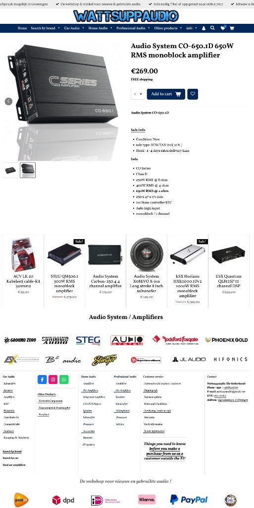 Audio System CO-650.1D 650W RMS Monoblok versterker, Auto diversen, Autospeakers, Info@optimount.nl, Nieuw, Ophalen of Verzenden