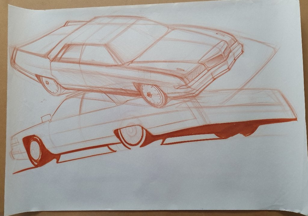 Vintage auto schets - Cadillac stijl, Verzamelen, Posters, Verzenden, Deurposter of groter, Rechthoekig Liggend, Zo goed als nieuw