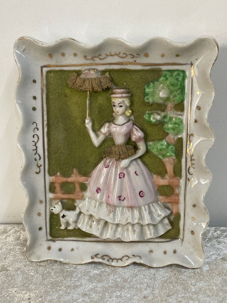 Oud Wandschilderijtje Dame met Parasol, Ophalen of Verzenden