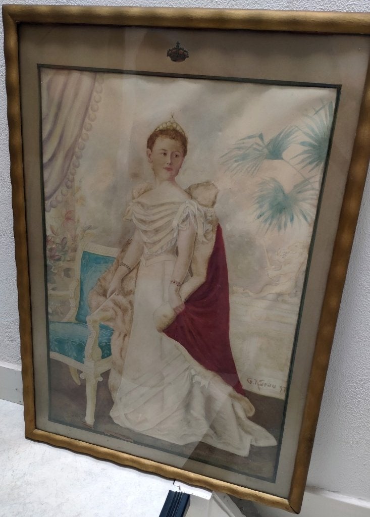 Koningin Wilhelmina staatsieportret 1897 kunst G. Karau, Verzamelen, Ophalen, Gebruikt, Nederland, Kaart, Foto of Prent