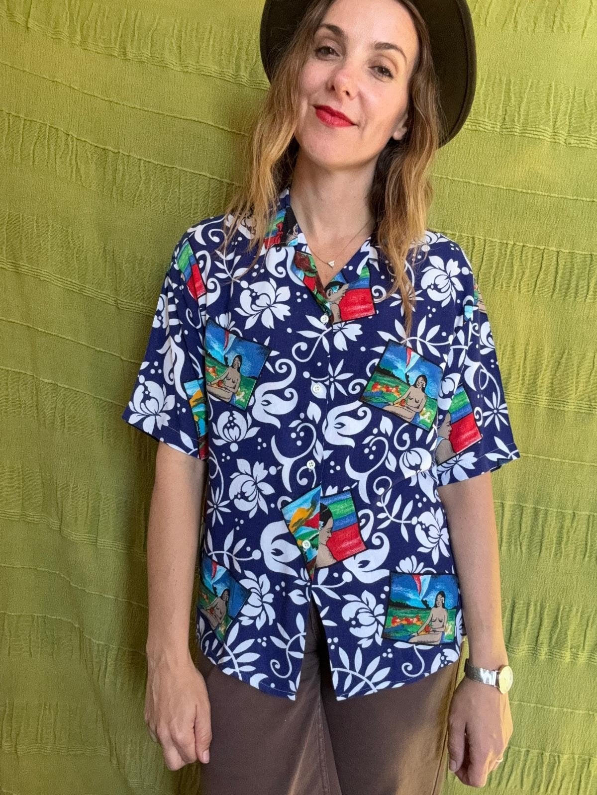 Vintage blouse, maat 34/36 - XS/S - blauw - motief - 90's, Blauw, ,, Reach Penney, Ophalen of Verzenden