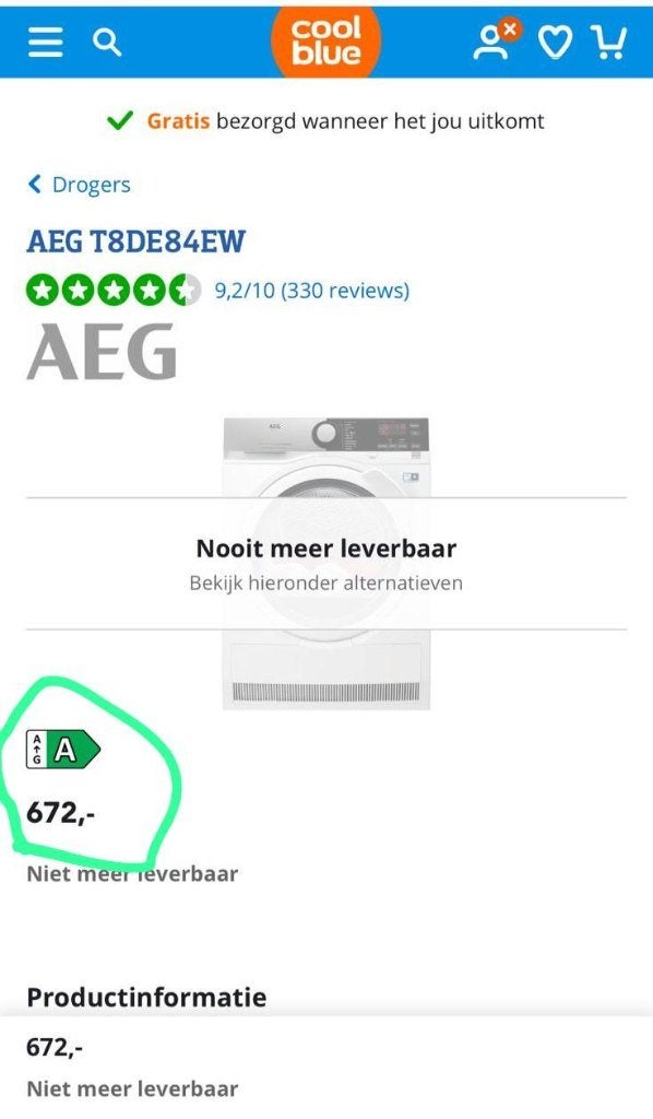 Foto 5 van Wasdroger AEG T8DE84EW, zo goed als nieuw