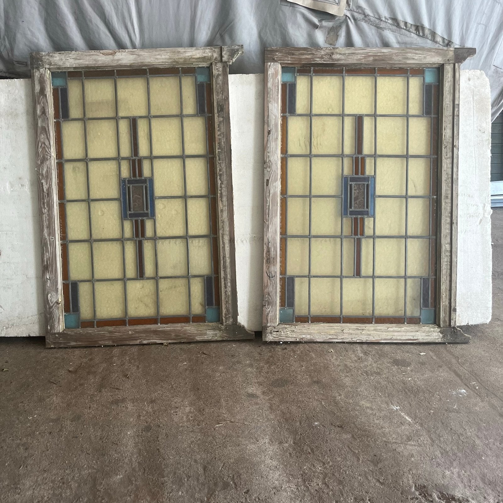 Set van 2 antieke glas-in-lood ramen, Doe-het-zelf en Verbouw, Gevelraam of Ruit, Gebruikt, Glas in lood, 80 tot 120 cm