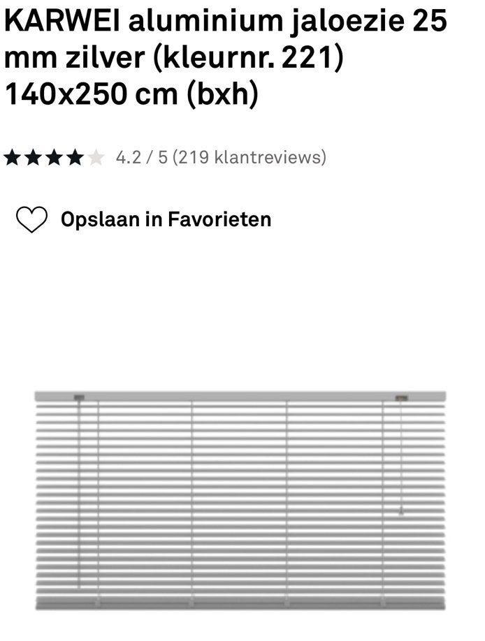 2 stuks Aluminium jaloezie Karwei - Zilver 221 - 140x250 cm, Ophalen, Jaloezie, Overige merken, Metaal