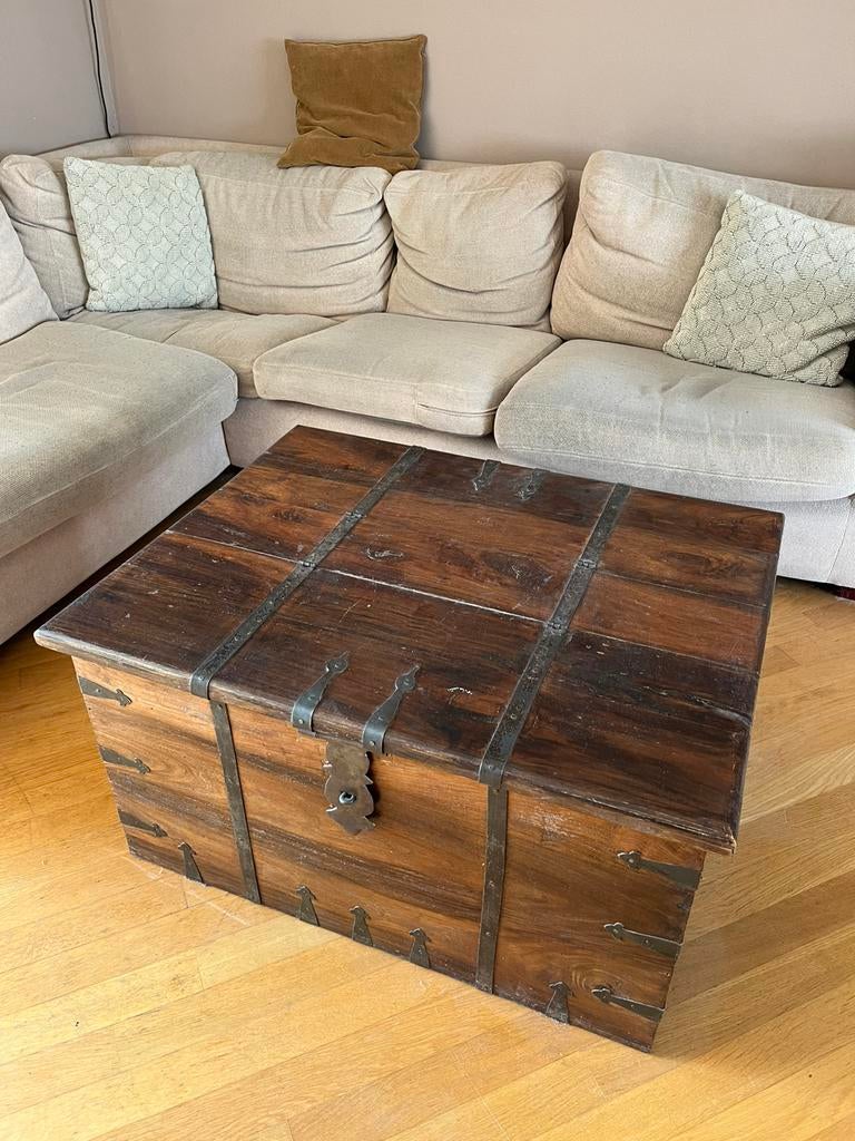 Massief houten salon tafel kist, Ophalen, 100 tot 150 cm, 50 tot 100 cm, Zo goed als nieuw