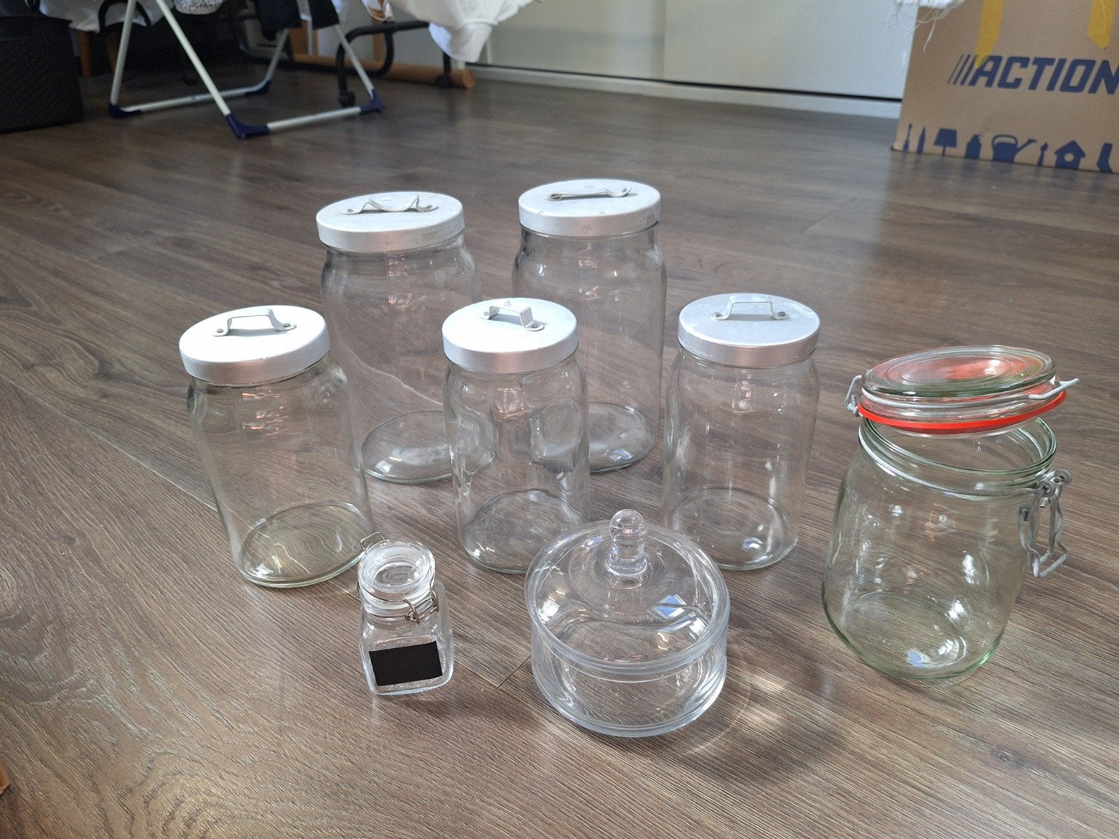 Diverse glazen voorraadpotten en weckpot, Voorraadpot, Ophalen, Gebruikt, Glas