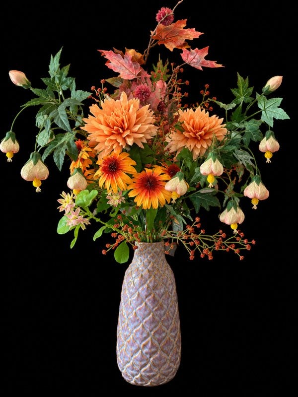 SALE!!! Groot boeket oranje inclusief vaas kunstbloemen VdlM, 75 cm, Nieuw, Ophalen of Verzenden, Boeket