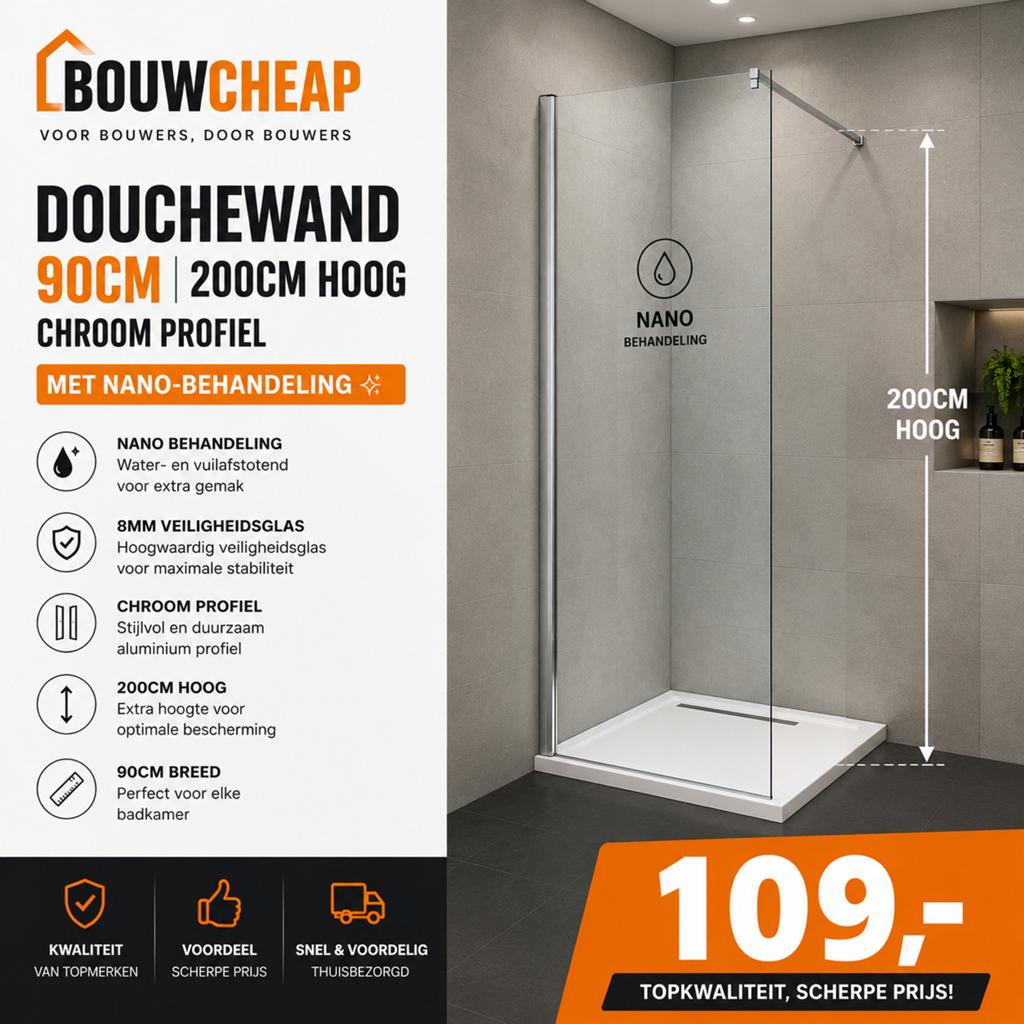 Douchewand 90cm x 200cm - met nano antikalk behandeling, Ophalen, Nieuw