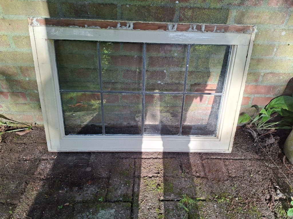 Authentieke oude glas-in-lood ramen in houten frame, Ophalen, Gevelraam of Ruit, Gebruikt, 80 tot 120 cm