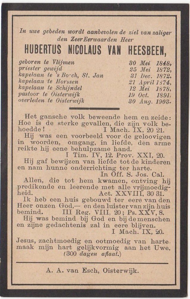 pastoor Hubertus Heesbeen 1848 Vlijmen + 1903 Oisterwijk, 55, Verzenden