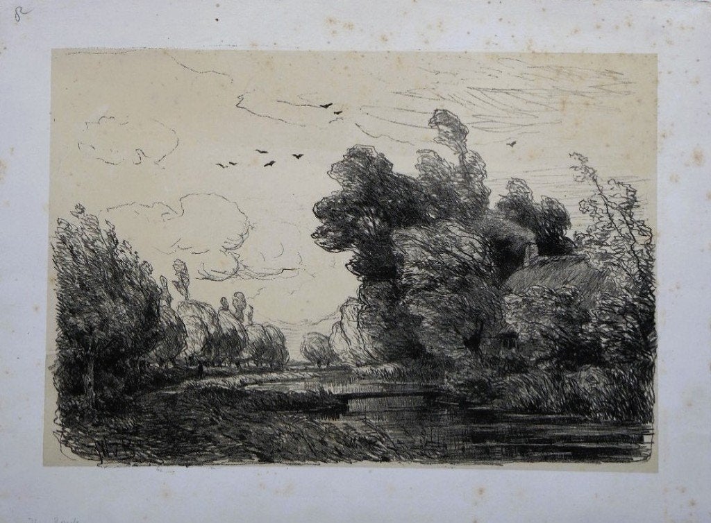 Jan Willem van Borselen litho "Landschap met Sloot en Brug", Antiek en Kunst, Kunst | Litho's en Zeefdrukken, Origineel, Ophalen