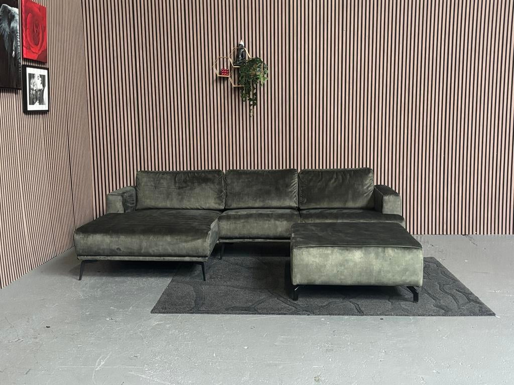 GRATIS LEVERING Velvet Loungebank Groen 275x160 GEREINIGD, 250 tot 300 cm, Hoekbank, Ophalen of Verzenden, Zo goed als nieuw