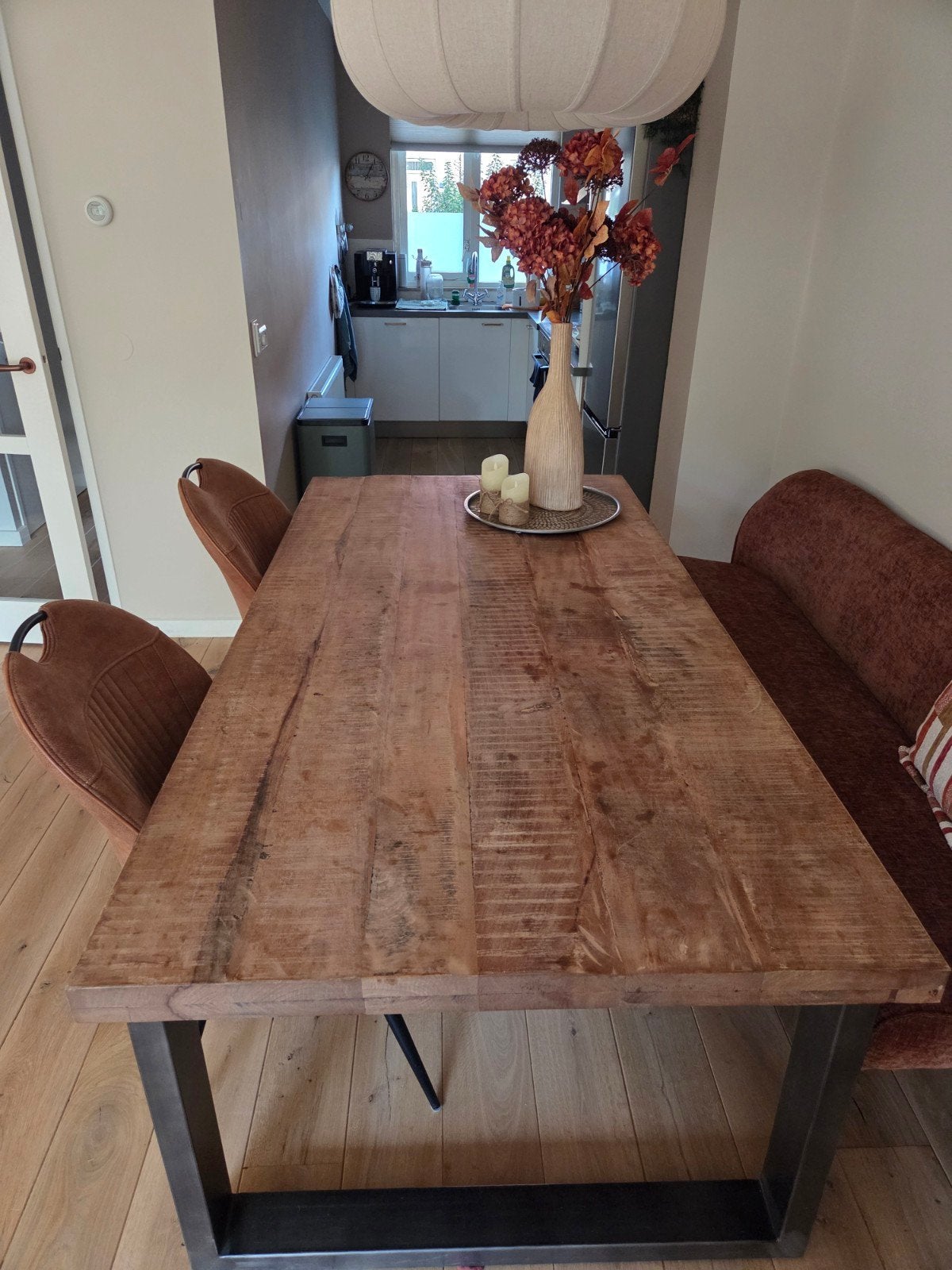 Robuuste mangohouten eettafel met metalen onderstel, Gebruikt, 50 tot 100 cm, 150 tot 200 cm, Industrieel, Robuust