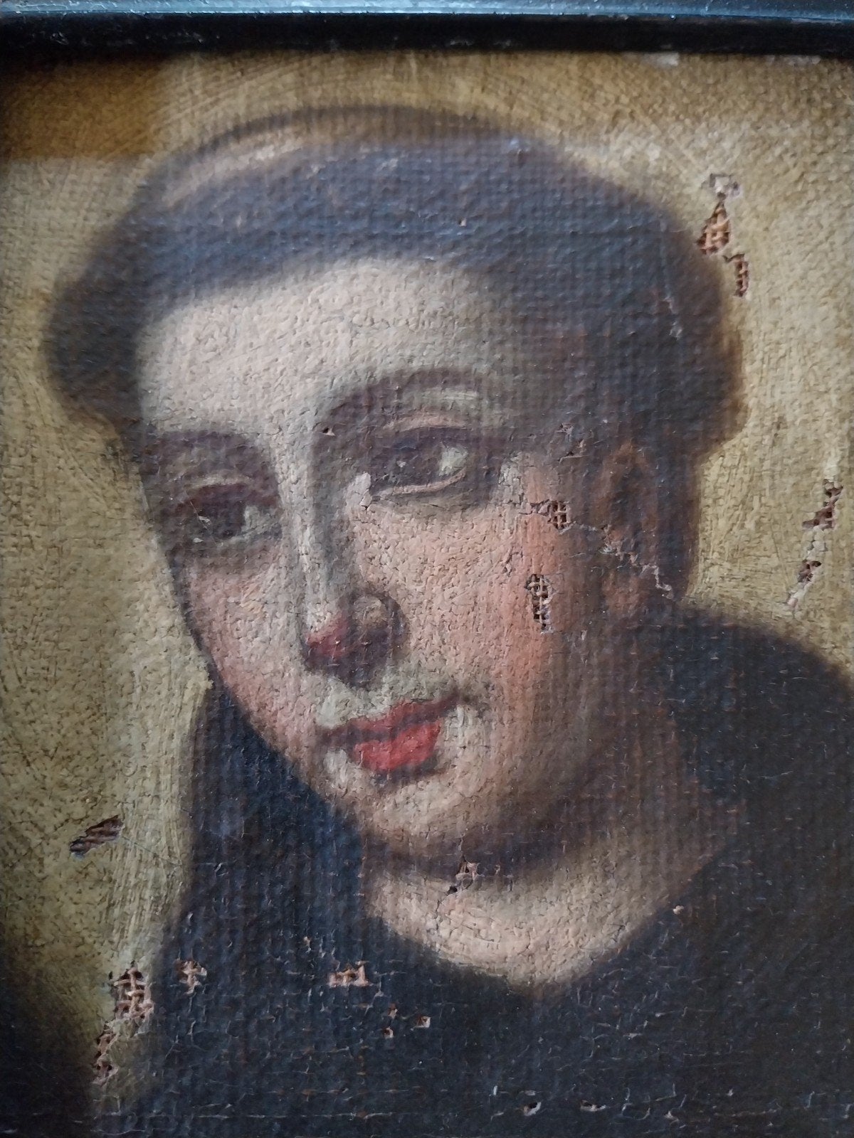 Oud klein Portretje Marouflë op paneel geplakt., Antiek en Kunst, Ophalen of Verzenden