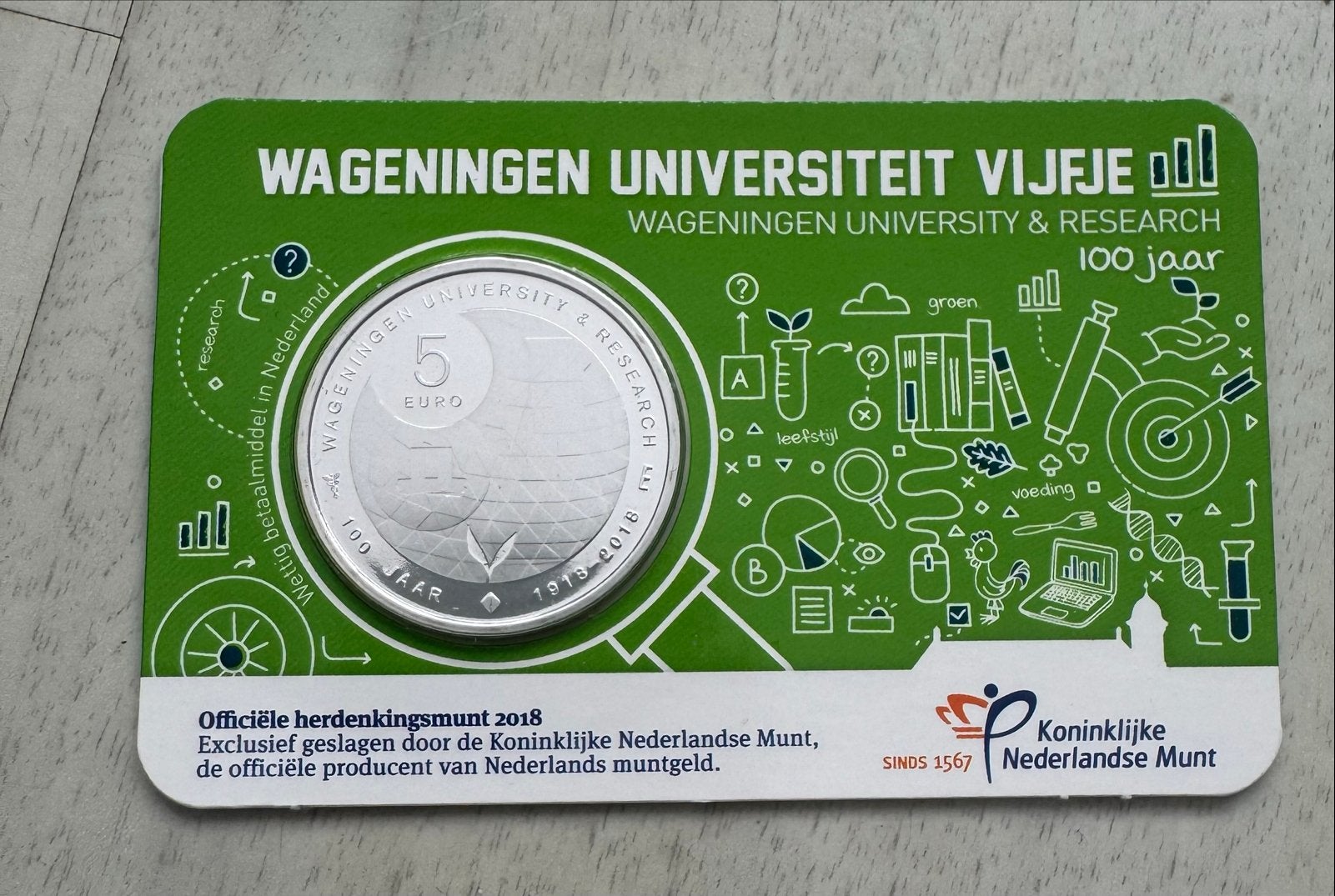 Wageningen Universiteit Vijfje 2018 - Zwaar Verzilverd, Verzenden, Koningin Beatrix, Zilver, Euro's