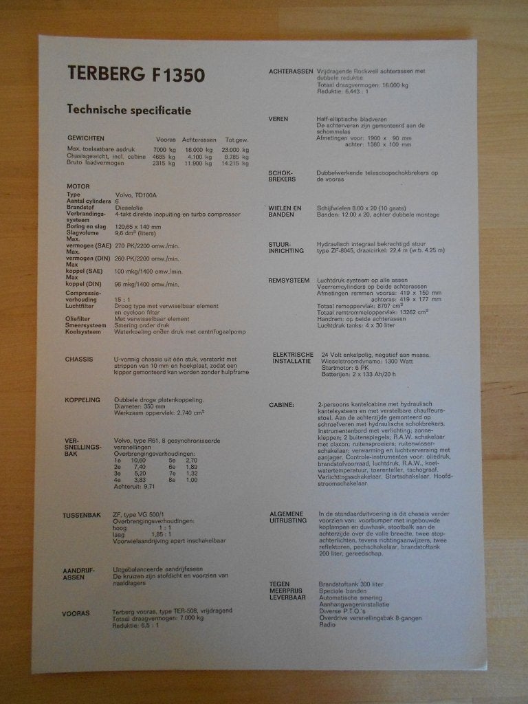 Terberg F1350 6x6 Technische Specificatie folder ca 1973, Ophalen of Verzenden, Zo goed als nieuw, Overige merken, Terberg
