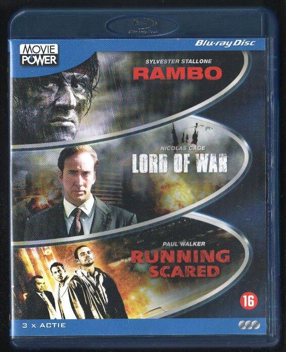 Movie Power Rambo+Lord of War+Running Scared. Blu-ray., Ophalen of Verzenden, Gebruikt, Actie, Boxset
