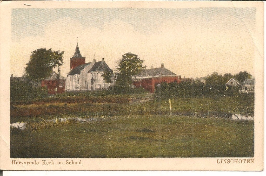 Oude Ansichtkaart: Hervormde Kerk en School, Linschoten, Ophalen of Verzenden, Voor 1920, Gelopen, Utrecht