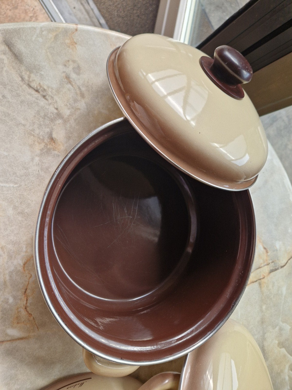 Vintage Emaille Pannenset - Bruin/Beige, Huis en Inrichting, Keuken | Potten en Pannen, Ophalen of Verzenden, Gebruikt, Overige materialen