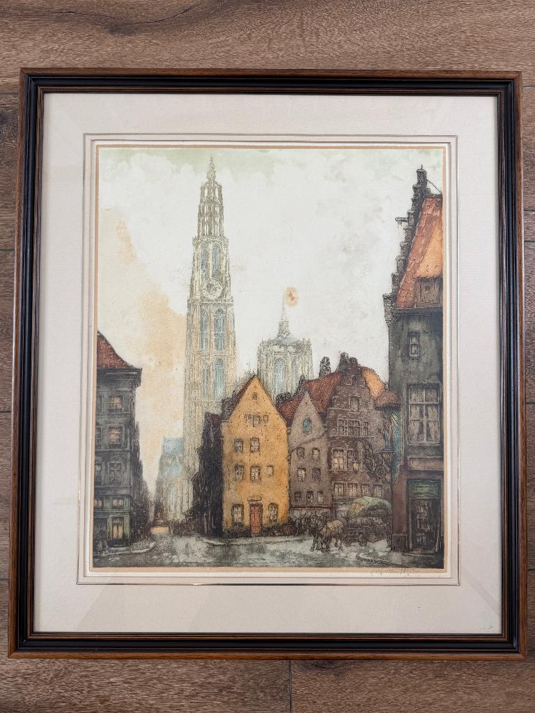 Alfred van Neste – kleurenets Kathedraal Oude Koornmarkt, Antiek en Kunst, Ophalen, 70 cm, Ets, Architectuur
