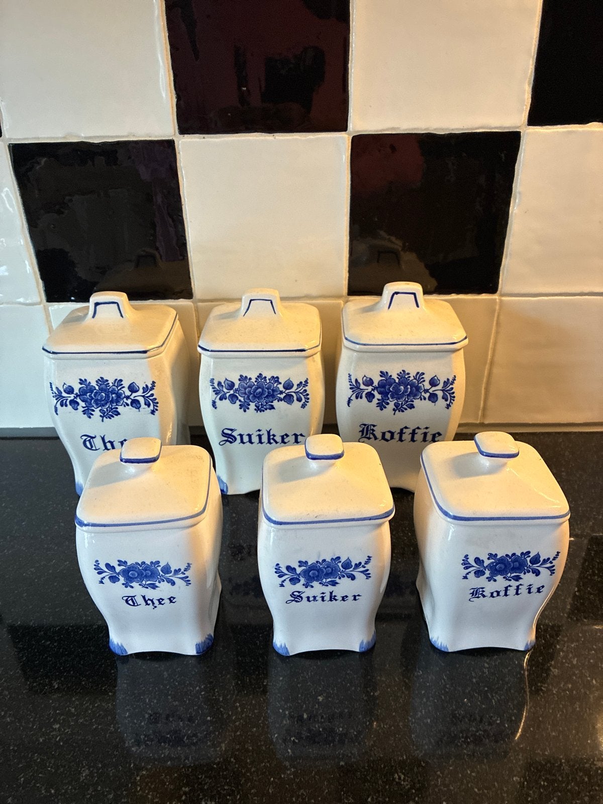 Set van 6 Delfts Blauwe Voorraadpotten - Thee, Suiker, Koffi, Ophalen of Verzenden