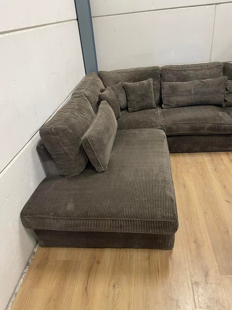 Mooie luxe bruine taupe ribstof hoekbank - GEREINIGD!!!, Ophalen, 250 tot 300 cm, Luxe, Hoekbank