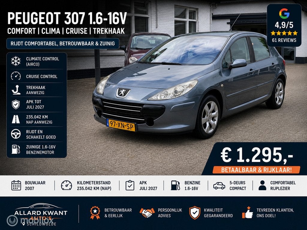 Peugeot 307 1.6-16V | Clima | Cruise | Trekhaak | Apk 7-2027, Auto's, Peugeot, Voorwielaandrijving, Gebruikt, 4 cilinders, 635 kg