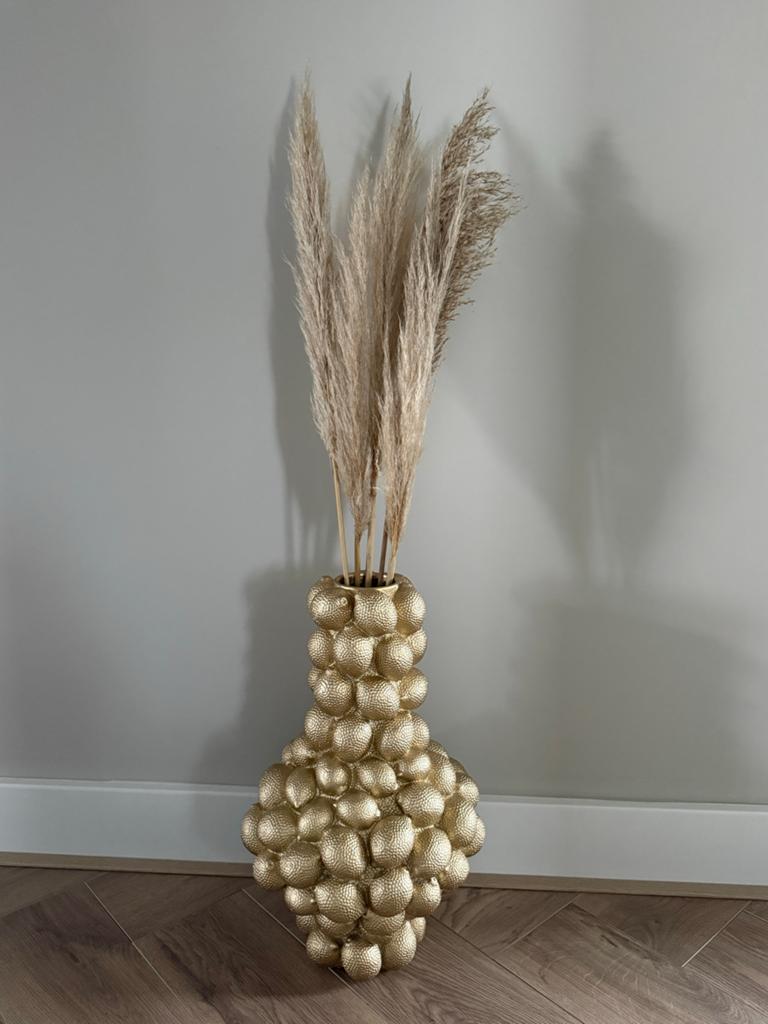 Gouden Bolvaas met pluimen - Decoratieve Vaas, Ophalen of Verzenden, Zo goed als nieuw, Overige kleuren, Overige materialen