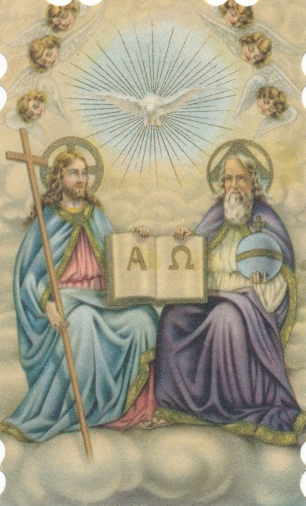 Mooi Oud devotieprent van de  Heilige Drie-eenheid"- Gebed, Ophalen of Verzenden, Zo goed als nieuw, Kaart of Prent, Christendom | Katholiek