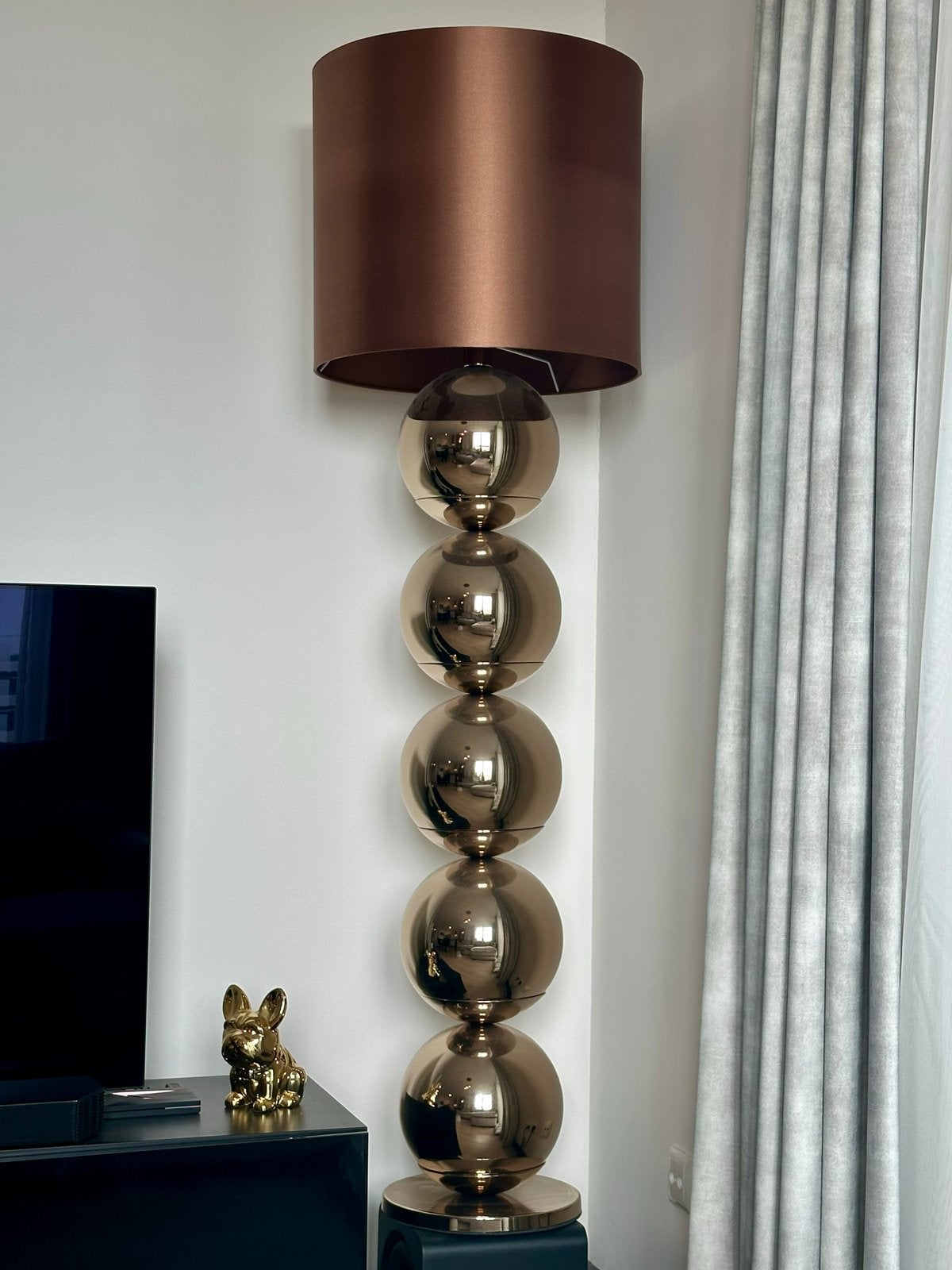 Luxe staande gouden bollen lamp met bruine bronzen kap, Ophalen, E27 (groot), Zo goed als nieuw, Metaal