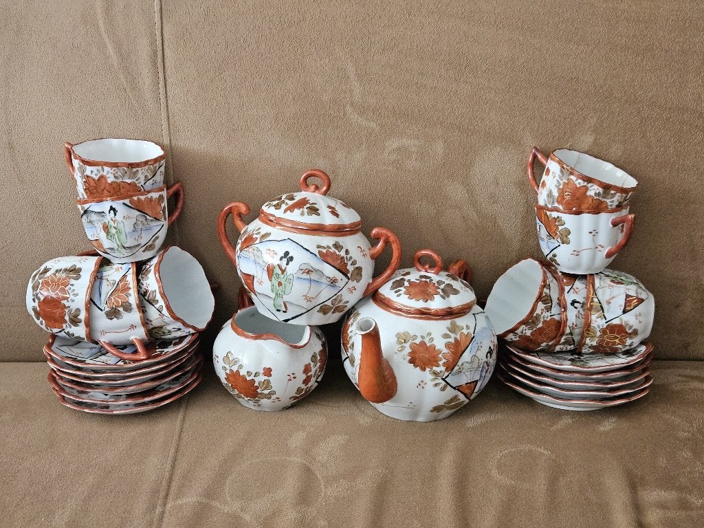 Vintage Japans theeservies met geisha en bloemmotief, Antiek en Kunst, Ophalen