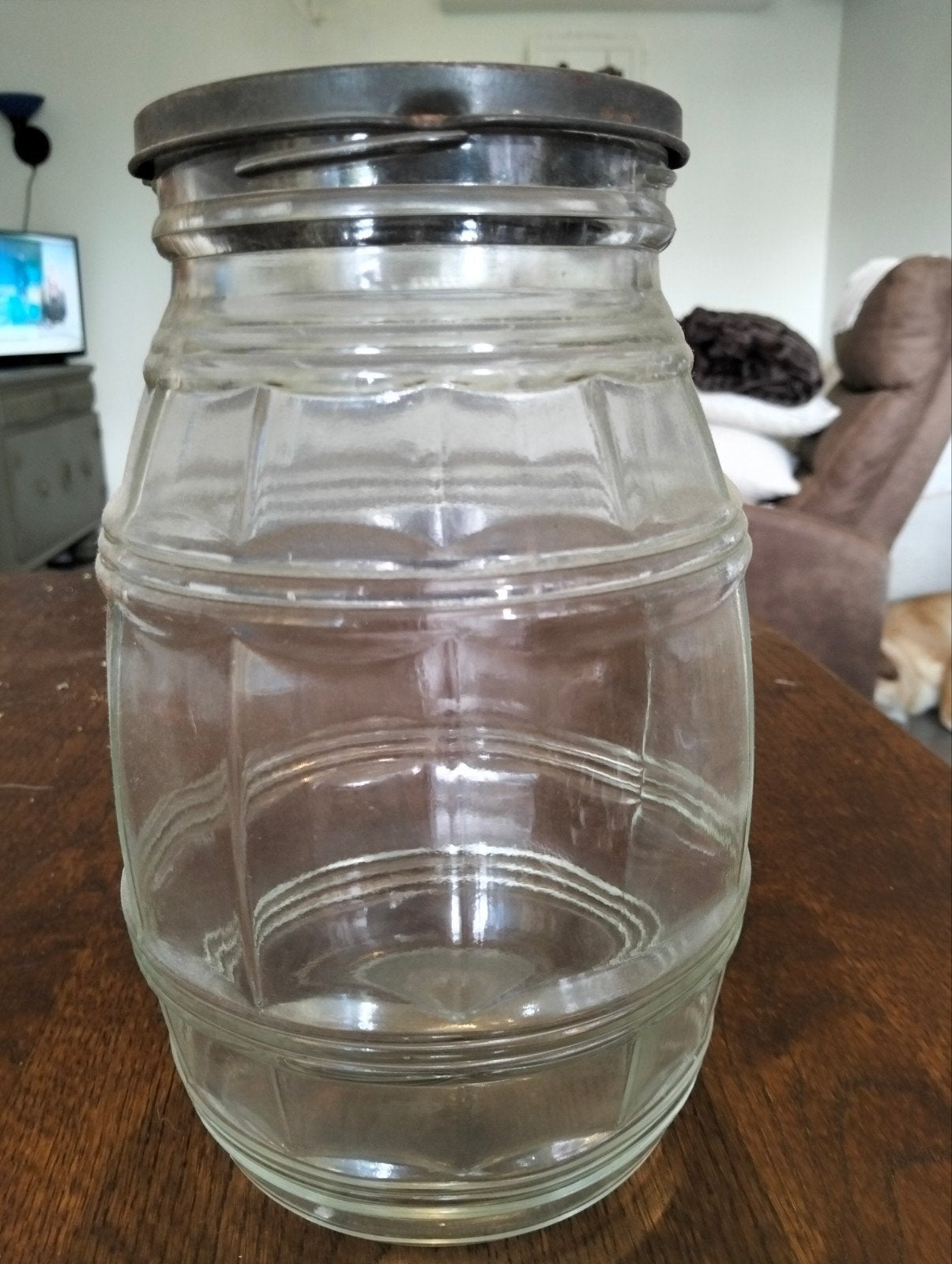 Vintage Glazen Pot met Metalen Deksel - Decoratief, Antiek en Kunst, Ophalen of Verzenden