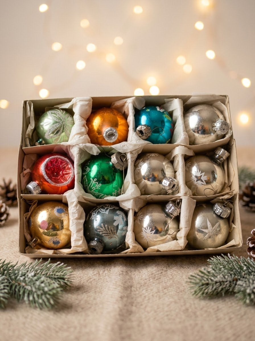 Prachtige set vintage glazen kerstballen in originele doos, Ophalen, Gebruikt