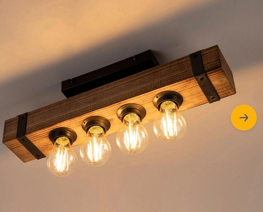 Industriële plafondlamp hout met staal 4-lichts | Reena, Ophalen, Meerkleurig, E27 (groot), Zo goed als nieuw