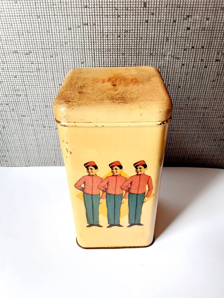 stereo eerste vierkant biscuit blik 1932, Verzamelen, Blikken, Verzenden, Gebruikt, Overige