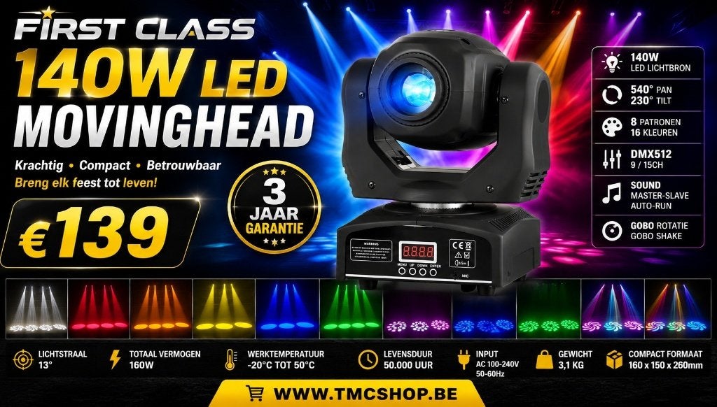 Nieuwe FIRST CLASS 140W LED MOVINGHEAD, Ophalen of Verzenden, Nieuw, Complete set