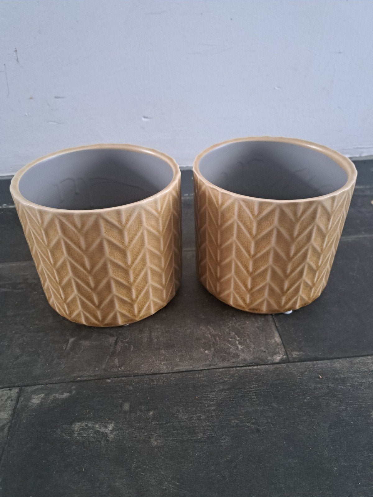 Set van 2 bloempotten met patroon 13x14 cm, Tuin en Terras, Rond, Ophalen of Verzenden, Zo goed als nieuw, Balkon