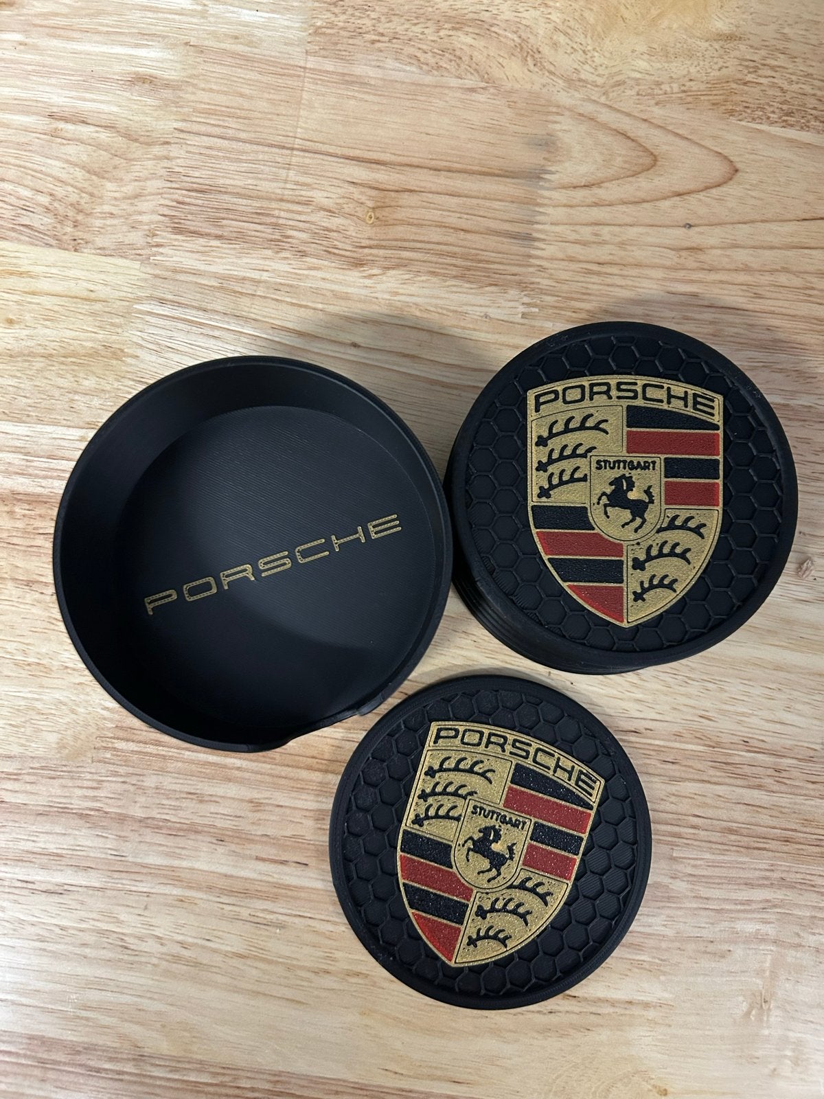 Porsche Onderzetters Set met Houder - Zwart/Goud, Zelf, Glasonderzetter, Nieuw, Zelf