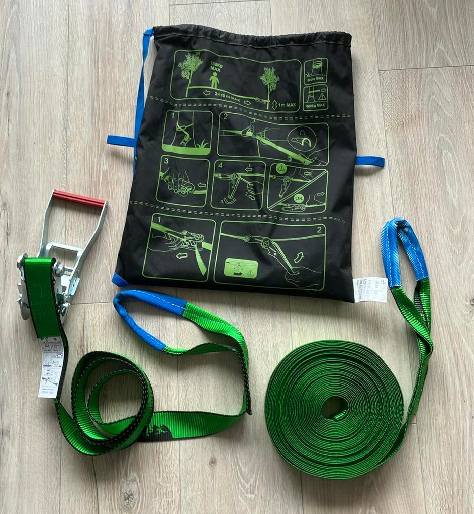 Zgan Simond slackline 15 m. lang, 50 mm breed van Decathlon, Ophalen, Zo goed als nieuw