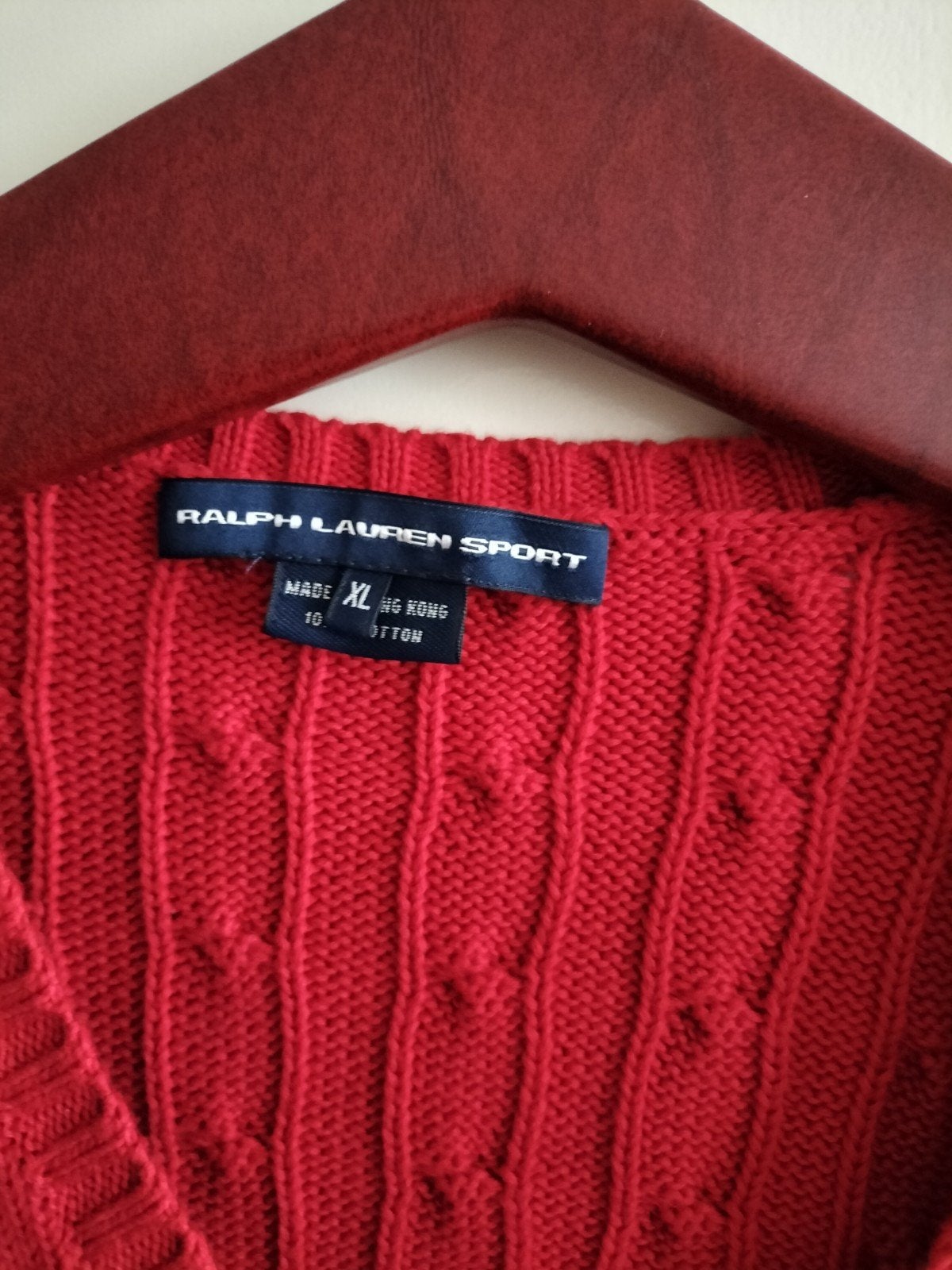 Ralph Lauren Sport rode kabelgebreide V-hals trui, Ralph Lauren Sport, Maat 46/48 (XL) of groter, Ophalen of Verzenden, Zo goed als nieuw