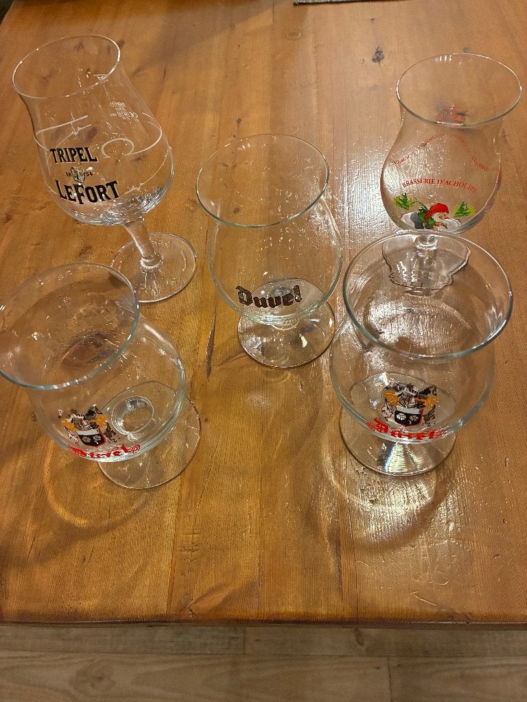5 Belgische Bierglazen 3x Duvel , 1x LeFort, 1x La Chouffe, Verzamelen, Biermerken, Ophalen of Verzenden, Zo goed als nieuw, Glas of Glazen