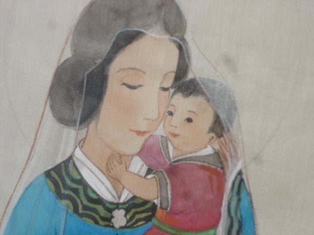 Vintage Japanse zijden schildering Madonna met kind, Ophalen of Verzenden