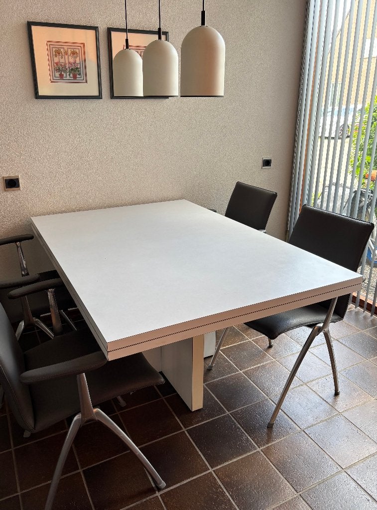 Moderne witte uitklapbare eettafel op kolompoot, Ophalen, Gebruikt, 200 cm of meer, 50 tot 100 cm