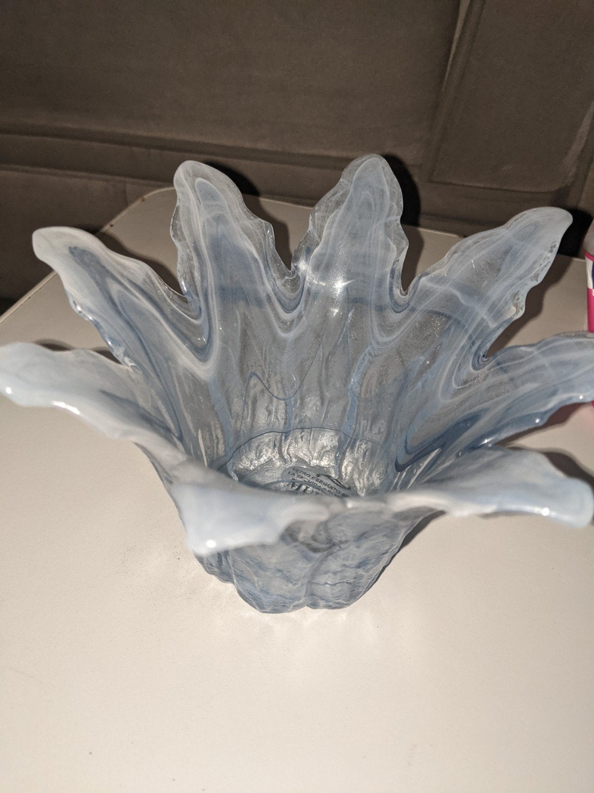 Murano glazen vaas/schaal, blauw/wit, bloemvormig, Ophalen of Verzenden