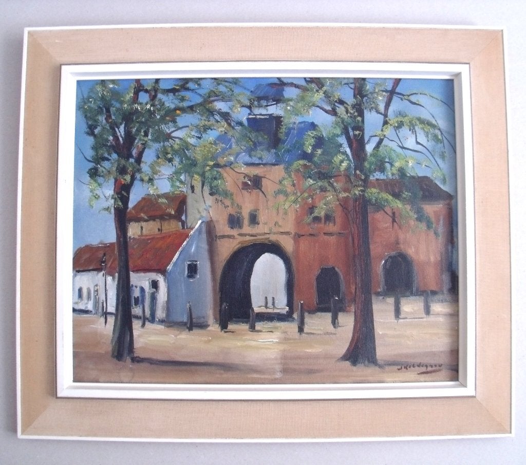 Jan Kelderman (1914-1990) - Vispoort Harderwijk - olieverf, Ophalen of Verzenden